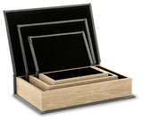 Set of three Jolina storage boxes by Ashley Furniture with elegant wooden lids and fabric bodies, ideal for stylish home organization.