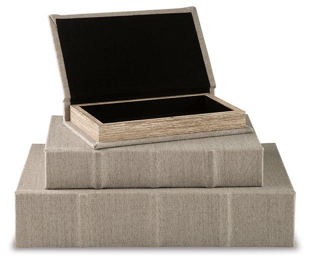 Set of three Ashley Furniture Jolina boxes with decorative lids, perfect for stylish storage and organization.