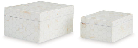 Set of two Aldenburg storage boxes by Ashley Furniture, featuring durable wood construction and classic design.