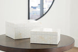 Set of two Aldenburg storage boxes by Ashley Furniture, wooden box with metal handles for organization and decor.