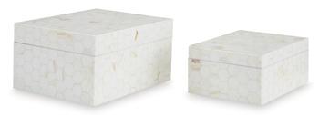 Set of two Ashley Furniture Aldenburg boxes with wood grain finish and metal handles, ideal for storage and home decor.