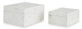 Set of two Ashley Furniture Aldenburg boxes with wood grain finish and metal handles, ideal for storage and home decor.