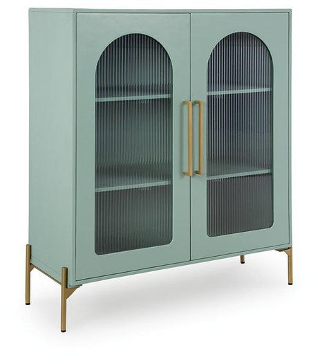 Ashley Furniture Adwen accent cabinet with wood finish, featuring sleek design and storage drawers, ideal for living room decor.
