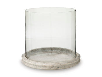 Ashley Furniture Saskia candle holder with a sleek, modern design, featuring a wide base and a tall candle cup.