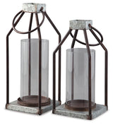 Set of two Diedrick lantern candle holders by Ashley Furniture, featuring rustic metal design and glass panels for decorative lighting.