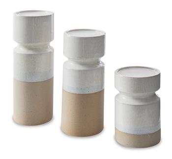 Set of three Ashley Furniture Hurston candle holders featuring rustic wood design and metal accents for decorative tabletop display.