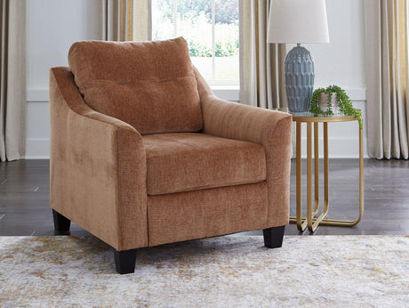 Ashley Furniture Amity Bay Chair with plush fabric and wooden legs, showcasing a stylish and comfortable seating option.