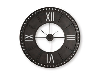 Ashley Furniture Lytle Wall Clock with a sleek round design and modern black finish, mounted on a wall.