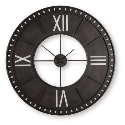 Ashley Furniture Lytle Wall Clock with a round face and modern design, mounted on a wall for stylish home decor.