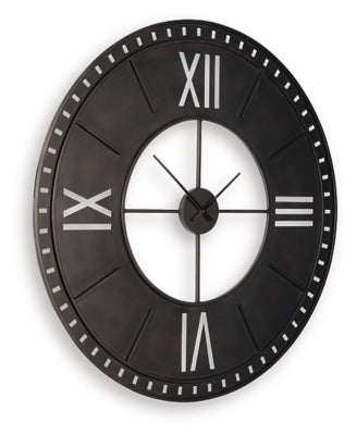 Ashley Furniture Lytle Wall Clock showing a round, stylish clock with modern design and bold black numbers on a white face.