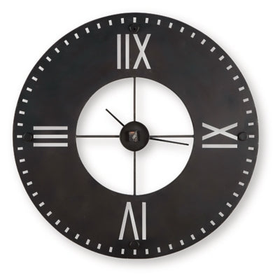 Ashley Furniture Lytle Wall Clock with a sleek round design and modern finish, mounted on a plain wall.
