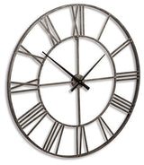 Ashley Furniture Paquita Wall Clock with a stylish round design, featuring a modern black and white face and sleek frame.