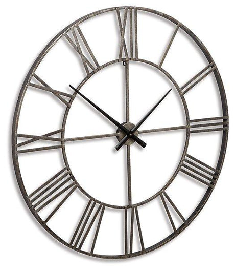 Ashley Furniture Paquita Wall Clock with a stylish round design, featuring a modern black and white face and sleek frame.