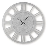 Ashley Furniture Reinport wall clock with a modern round design, black frame, and minimalist white clock face.