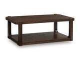 Ashley Furniture Breckington Coffee Table with a sleek wooden surface and modern design, angled view of the cocktail table.