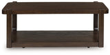 Breckington Ashley Furniture coffee table with a sleek wooden surface and sturdy legs, shown from a front head-on angle.