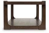 Ashley Furniture Breckington coffee table with a sleek wooden top and sturdy metal legs, modern cocktail table design.