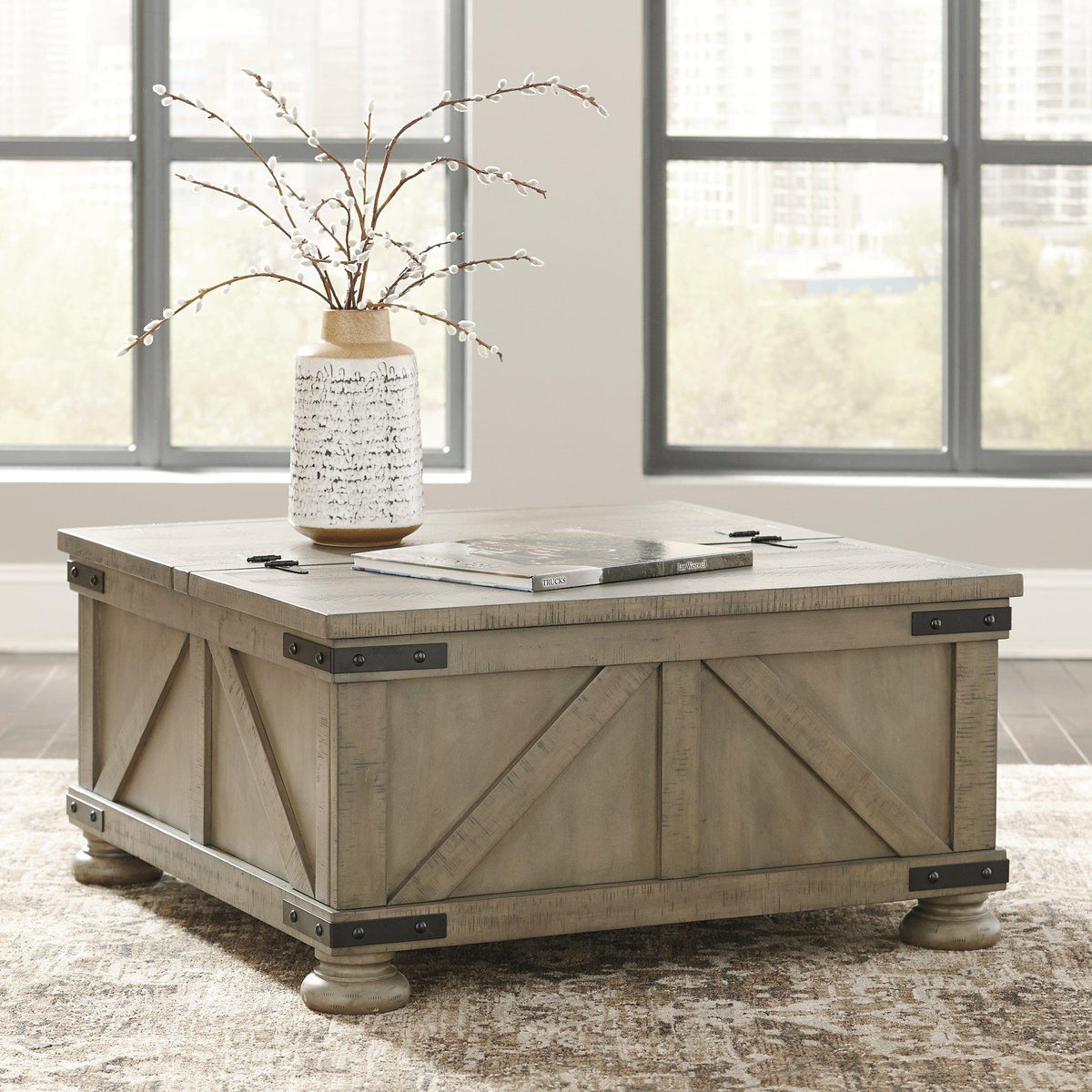 Ashley Furniture Aldwin coffee table with storage, modern cocktail table featuring a sleek design and functional drawers.