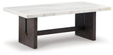 Ashley Furniture Burkhaus coffee table, stylish cocktail table with a modern design, featuring a wooden top and metal legs.