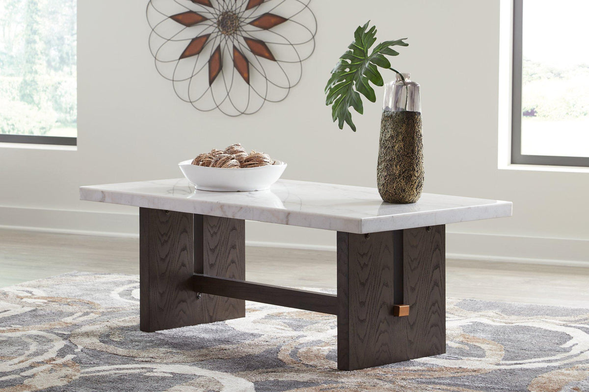 Ashley Furniture Burkhaus coffee table, modern cocktail table with sleek wood finish and minimalist design.