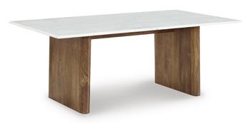 Ashley Furniture Isanti coffee cocktail table with a wooden finish, featuring a rectangular top and sturdy legs.