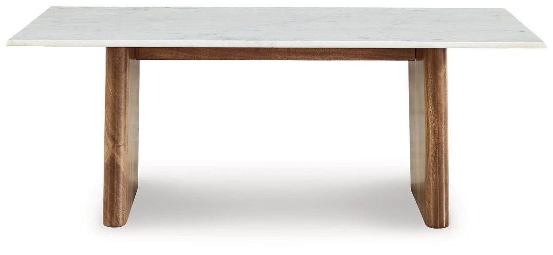 Isanti Ashley Furniture cocktail coffee table with wooden finish and modern design, featuring a rectangular top and sturdy legs.
