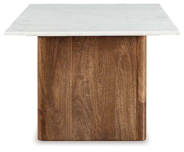 Ashley Furniture Isanti coffee table, modern cocktail table with wooden finish and sleek design, ideal for living room decor.