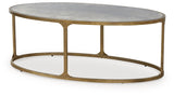 Ashley Furniture Korajane coffee table with a sleek wooden finish and modern design, shown from an angled side view.