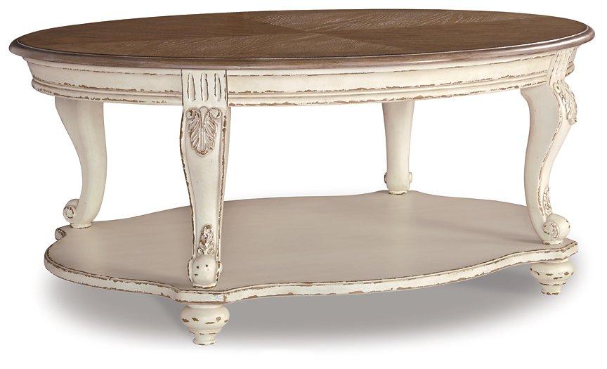 Ashley Furniture Realyn coffee table, modern cocktail table with wood finish and sleek design, perfect for living room decor.