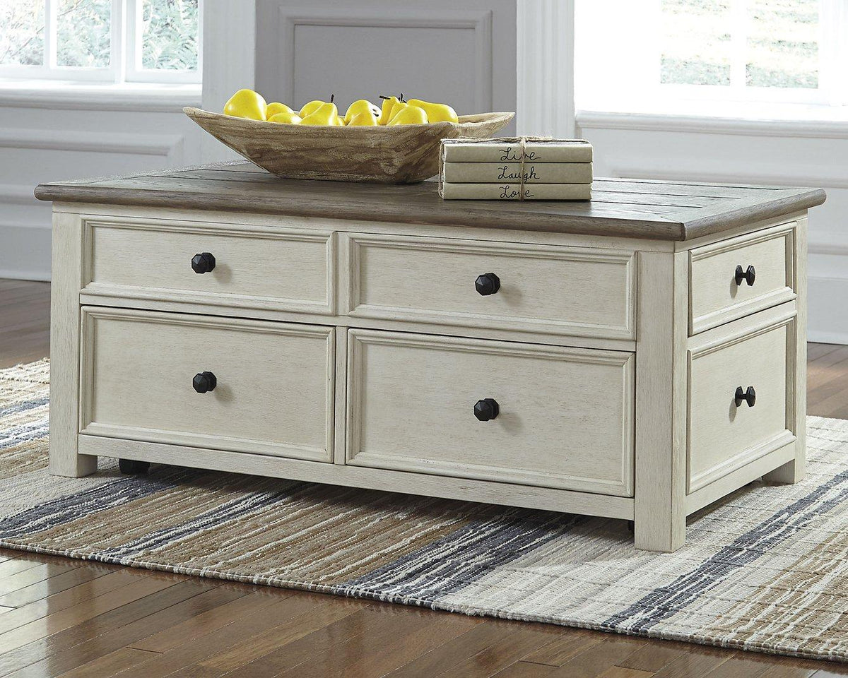 Ashley Furniture Bolanburg coffee table with lift top, showcasing a modern cocktail table with functional lift mechanism and wood finish.