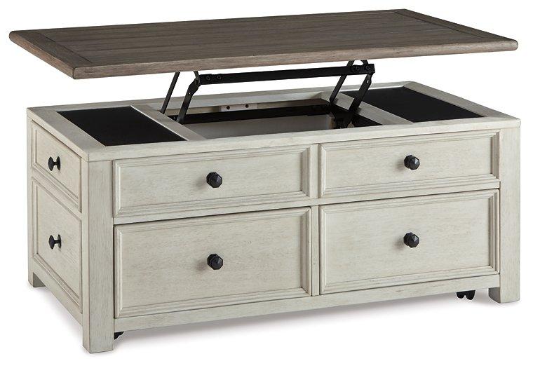 Ashley Furniture Bolanburg coffee table with lift top, showcasing a modern cocktail table with a functional lift mechanism and wood finish.