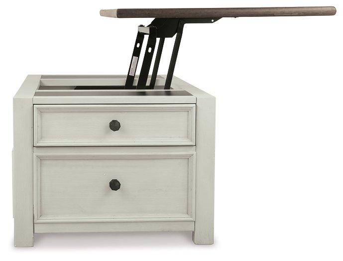Ashley Furniture Bolanburg coffee table with lift top, showing the modern wooden cocktail table with storage and adjustable height.
