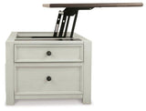 Ashley Furniture Bolanburg coffee table with lift top, showing the modern wooden cocktail table with storage and adjustable height.
