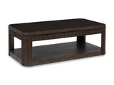 Ashley Furniture Carlibrie lift-top coffee table with a sleek cocktail table design, shown from an angled view.
