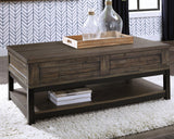 Ashley Furniture Johurst coffee table with lift top, showcasing a modern cocktail table with a functional lift mechanism and stylish design.