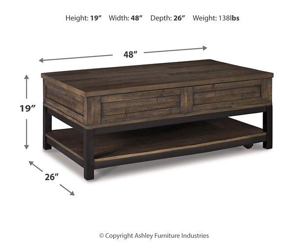 Ashley Furniture Johurst coffee table with lift top, modern cocktail table with versatile height and storage features.