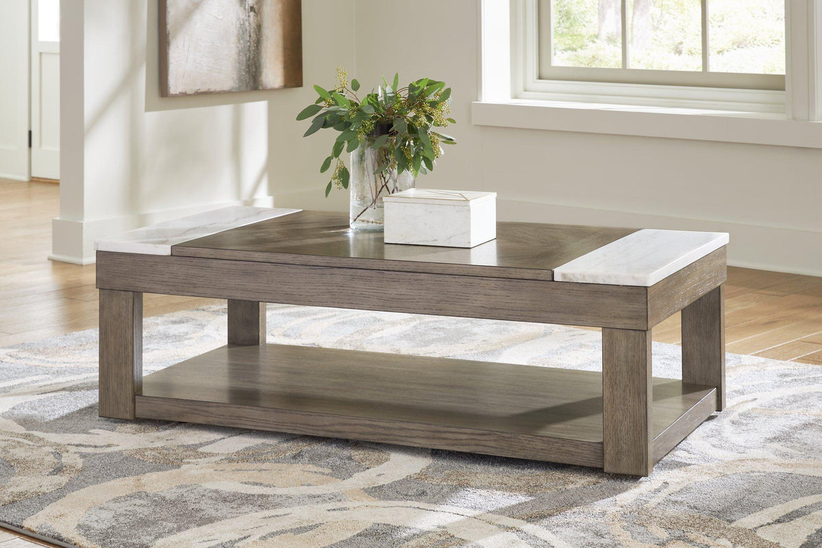 Ashley Furniture Loyaska Lift-Top Coffee Table with adjustable height and storage, modern design, and wood finish.