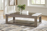 Ashley Furniture Loyaska Lift-Top Coffee Table with adjustable height and storage, modern design, and wood finish.