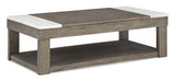 Lift-top Ashley Furniture Loyaska cocktail coffee table with dark wood finish and modern design, showing the lift mechanism and tabletop