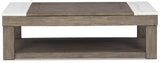 Ashley Furniture Loyaska Lift-Top Coffee Table with adjustable height and storage, featuring a modern design and wood finish.