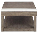 Ashley Furniture Loyaska Lift-Top Coffee Table with adjustable height and storage, modern cocktail table for living room decor.