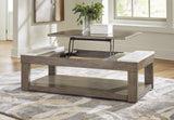 Lift-top Ashley Furniture Loyaska coffee table with a modern design, featuring a functional tabletop and stylish wood finish.