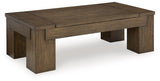 Lift-top Ashley Furniture Rosswain cocktail coffee table with storage, showcasing its modern design and functional lift mechanism.