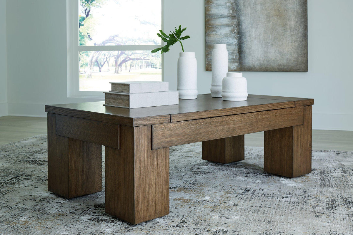 Ashley Rosswain Lift-Top Coffee Table featuring a sleek design with a lift-top mechanism and spacious storage.