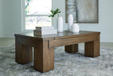 Ashley Rosswain Lift-Top Coffee Table featuring a sleek design with a lift-top mechanism and spacious storage.