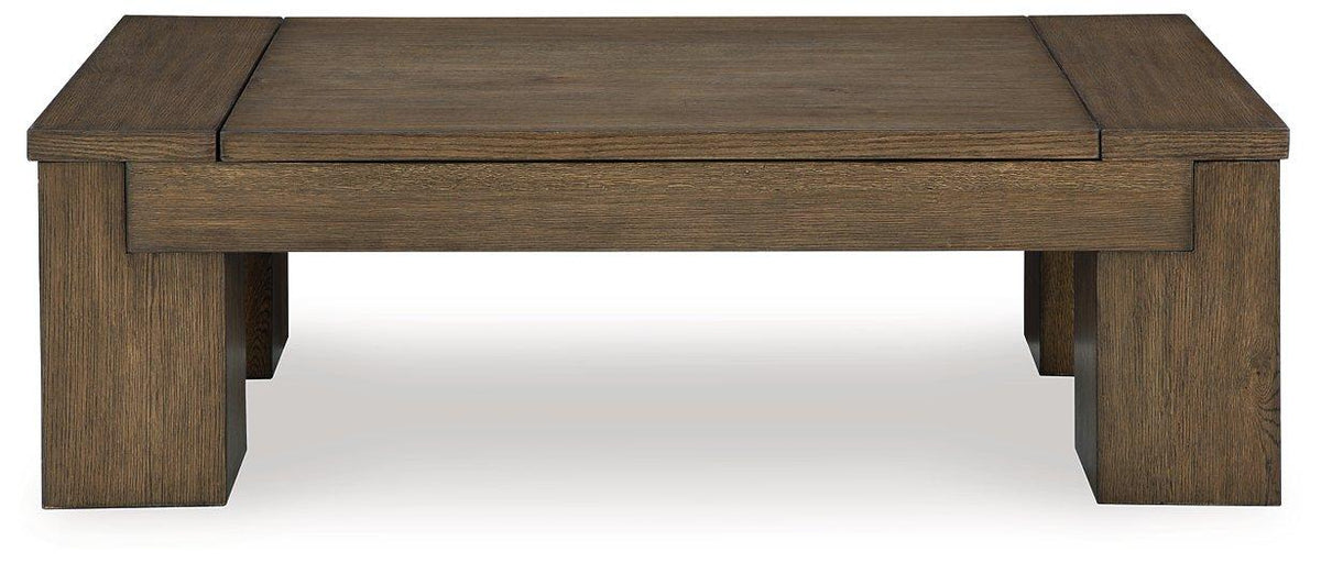 Ashley Furniture Rosswain Lift-Top Coffee Table with hidden storage and sleek wood finish, showcasing its modern design.