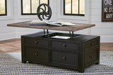 Ashley Furniture Tyler Creek coffee table with lift top, showcasing a wooden cocktail table with a functional lift mechanism and storage space.