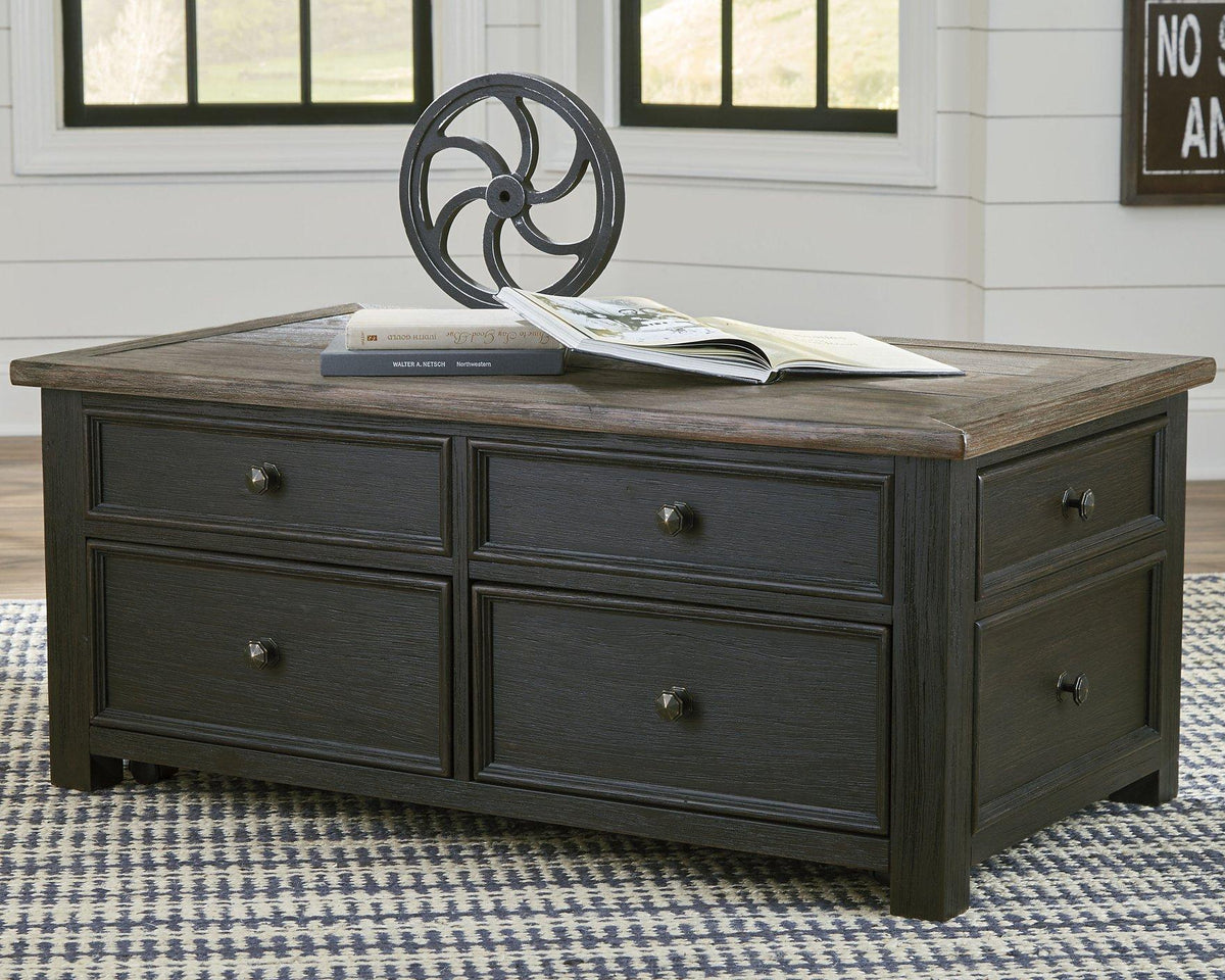 Ashley Furniture Tyler Creek coffee table with lift top, modern cocktail table featuring a functional lift mechanism and spacious surface.