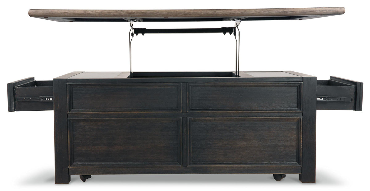 Ashley Furniture Tyler Creek coffee table with lift top, featuring a stylish design and functional storage in a modern living room setting.