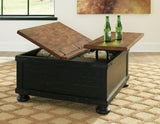 Ashley Valebeck coffee table with lift top, modern cocktail table featuring a sleek wood finish and functional lift mechanism.
